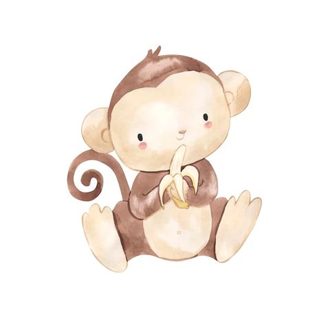 Monkey Watercolor, Baby Animal Painting, Monkey Drawing, Monkey Illustration, Illustration For Kids, Safari Baby Animals, Cartoon Monkey, Baby Posters, Baby Shower Invitaciones