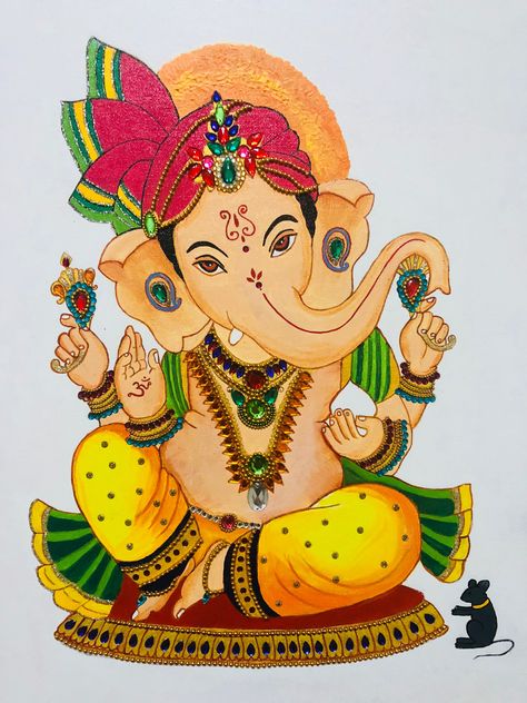 Ganpati Painting Ideas, Ganesh Painting On Wall, Ganeshji Drawing Easy, Ganesha Art Painting, Ganesh Ji Oil Pastels Drawing, Cute Ganesha Drawing Sketches, Small Krishna Drawing, Ganesh Ji Drawing Colour, Ganapathi Paintings