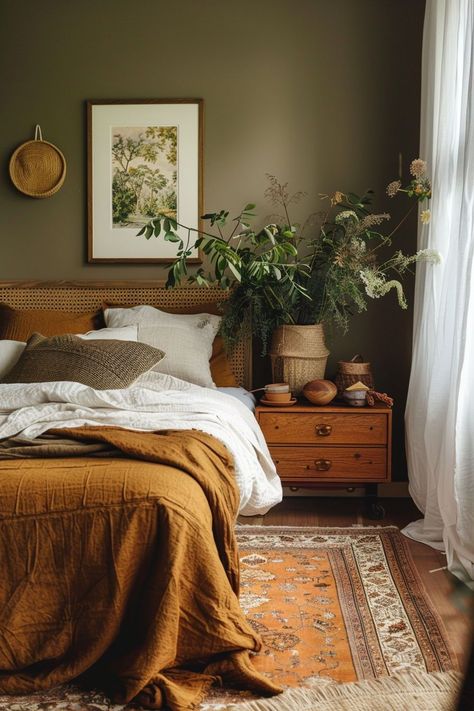 Inviting Bedroom Ideas, Cozy Bedroom Color Palette, How To Add Warmth To A Room, Earthy Bedroom Color Palette, Master Bedrooms Decor Cozy Color, Bedroom With Wood Furniture, Earthy Color Palette Bedrooms, Green And Wood Bedroom, Cozy Colorful Bedroom