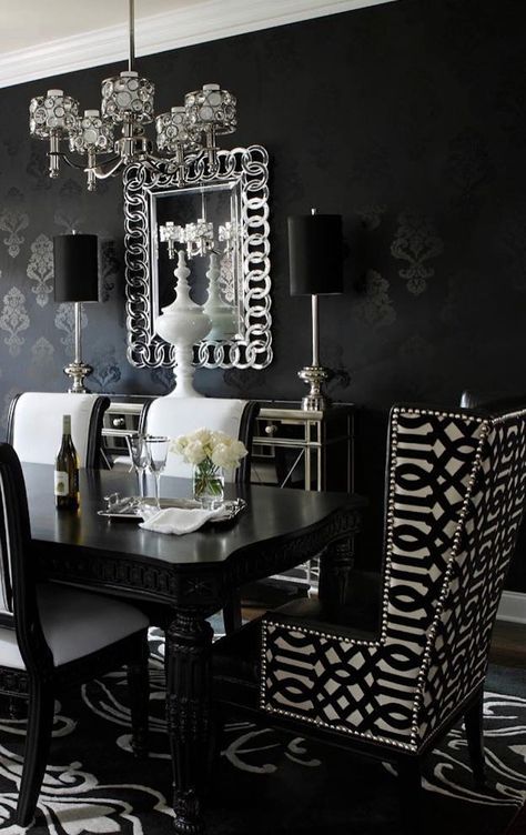 Dark Home Decor Ideas, Black And White Dining Room, Dining Room Contemporary, Dark Home Decor, Black Living Room, Dining Room Table Decor, Black Dining Room, White Dining Room, 카페 인테리어 디자인