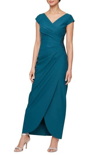 Unfussy gathers sweep this gown's faux-wrap bodice to one side, hiding imperfections while dazzling with glittery embellishments. 56" length (size 8). Back zip closure. Surplice neck. Cap sleeves. Unlined. 78% nylon, 22% spandex. Hand wash cold, dry flat. By Alex Evenings; imported. Special Occasion. Long Mesh Dress, High Low Gown, Mother Of Groom Dresses, Cap Sleeve Dress, Mob Dresses, Alex Evenings, Surplice Neckline, Formal Dresses For Weddings, Beaded Gown