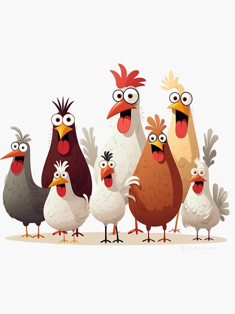 "Chickens" Sticker by Art91design Funny Chicken Illustration, Chicken Doodle Art, Chicken Illustration Cute, Cute Chicken Drawing, Running Chicken, Chicken Graphic, Chicken Cartoon, Rooster Illustration, Farm Cartoon