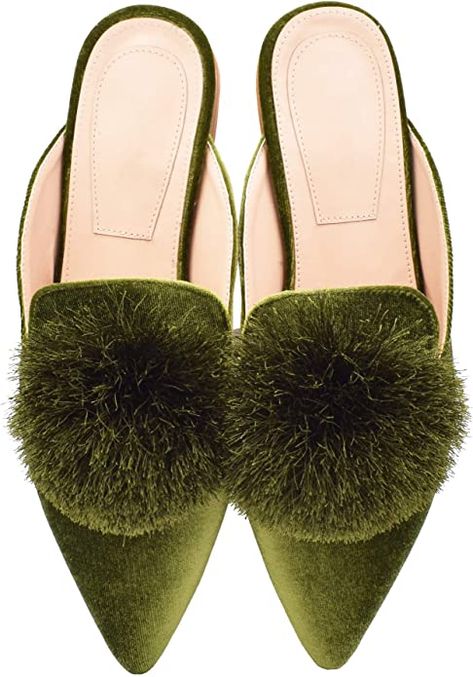 Amazon.com | Fericzot Mules for Women,Slip On Backless Loafers Flats Puff Pompom Pointed Toe Casual Shoes Slippers Green 7 | Mules & Clogs Velvet Mules, Backless Loafers, Pointed Flats, Slip On Loafers, Slip On Mules, Casual Slippers, Green Shoes, Shoes Slippers, Slipper Shoes