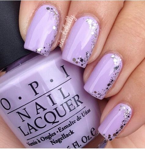 Light purple nails with silver glitter sparkles on the side Embellished Nails, Lilac Nails Design, Purple Nail Art Designs, Light Purple Nails, Nail Charm, Purple Nail Art, Nail Designs Pictures, Lilac Nails, Purple Acrylic Nails