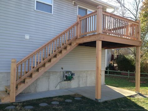 Sliding Door Deck Stairs, Bilevel House Backyard, Small Second Story Deck, Elevated Porch Ideas, Small Second Story Deck Ideas, Small Upper Deck Ideas, Deck Off Master Suite, Back Patio Stairs, Small Deck Ideas With Stairs