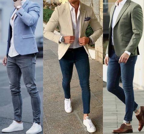 The Pain of Blazer Dress for Men: If you feel more comfortable with a neckpiece, think about a scarf by means of your shirt and blazer in lieu of a tie, in the event the weather permits. Blazer For Men Wedding Reception, Men Blazer Outfit Casual, Mens Blazer Outfit, Casual Blazers For Men, Stylish Suits For Men, Formal Boys Outfit, Jeans And Sneakers Outfit, Blue Blazer Men, Blue Dress Outfits