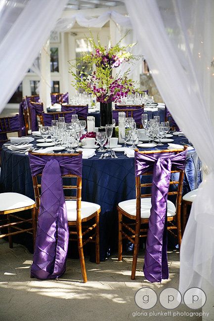 Rancho Las Palmas Navy and Purple by Percy Sales Events Navy And Purple Wedding Decorations, Royal Purple And Navy Blue Wedding, Navy Blue And Purple Wedding Theme, Navy Blue And Lavender Wedding, Purple Wedding Reception Tables, Navy And Plum Wedding, Blue And Purple Wedding Ideas, Plum Wedding Ideas, Blue And Lavender Wedding