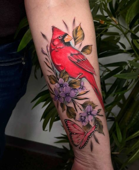 Momma Tattoo, Red Bird Tattoo, Lower Arm Sleeve, Cardinal Bird Tattoos, Red Cardinal Tattoos, Tattoo For Grandma, Half Sleeve Tattoo Upper Arm, Small Cardinal Tattoo, Dogwood Flower Tattoos