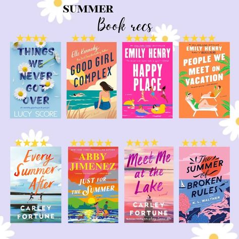 SUMMER book recs ♡ 🌻⛱️👙 qotd 》What are you most looking forward to this summer? Books featured • Things we never got over - Lucy Score • Good girl complex - Elle Kennedy • Happy Place - Emily Henry • People we meet on vacation - Emily Henry • Every summer after - Carley Fortune • Just for the summer - Abby Jimenez • Meet me at the lake - Carley Fortune • The summer of broken rules - K.L. Walther You And Me On Vacation, Just For The Summer, Every Summer After, Just For The Summer Book Aesthetic, Emily Henry Books, Meet Me At The Lake, The Summer Of Broken Rules, Carley Fortune, People We Meet On Vacation