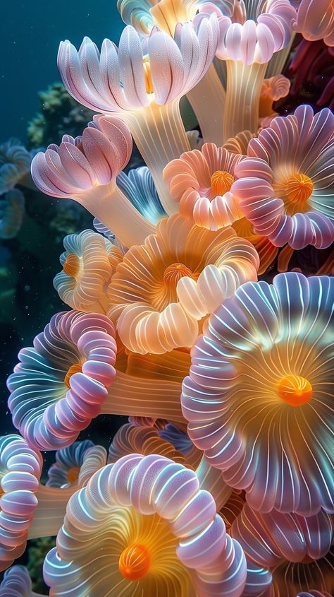 Dive into the underwater magic on your iPhone and Android screens with this luminescent sea anemone wallpaper. 🐠👀 Transform your device into a glowing oceanic experience that's just a tap away. Sea Coral Photography, Anenome Sea, Coral Wallpaper Iphone, Coral Aesthetic Ocean, Marine Life Wallpaper, Flowers Underwater, Anemone Wallpaper, Coral Reef Wallpaper, Coral Photography