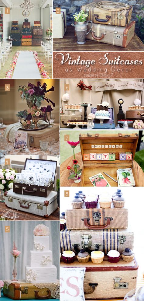 Time to get out those old, vintage suitcases! Creative decor ideas for using vintage suitcases at weddings. #vintageweddings #vintagesuitcases #vintageweddingdecor Vintage Party Theme Decorations, Vintage Suitcase Wedding, Vintage Wedding Suits, Vintage Table Decorations, Suitcase Decor, Vintage Wedding Centerpieces, Fun Wedding Decor, Old Suitcases, Vintage Suitcases