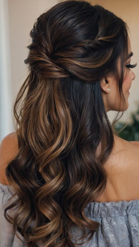 Bridesmaid Hair Brown Long, Long Hair Styles Bridesmaid, Half Up Half Down With Hair Piece, Formal Hair Long Down, Wedding Hairstyles For Long Hair Brown, Part Up Part Down Wedding Hair, Wedding Hair Styles Bridesmaid, Hairstyles For Medium Length Hair Curly Soft Curls, Bridesmaid Half Up Hair