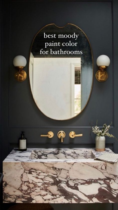 Best Moody Paint Color for Bathrooms! Moody Bathroom White Vanity, Moody Powder Room Farmhouse, Floating Marble Vanity Bathroom, Black Paint For Bathroom Walls, Dark Painted Powder Room Ideas, Dark Paint Half Bath, Deep Color Bathroom, Half Bathroom Color Ideas Paint, Dark Painted Small Bathrooms