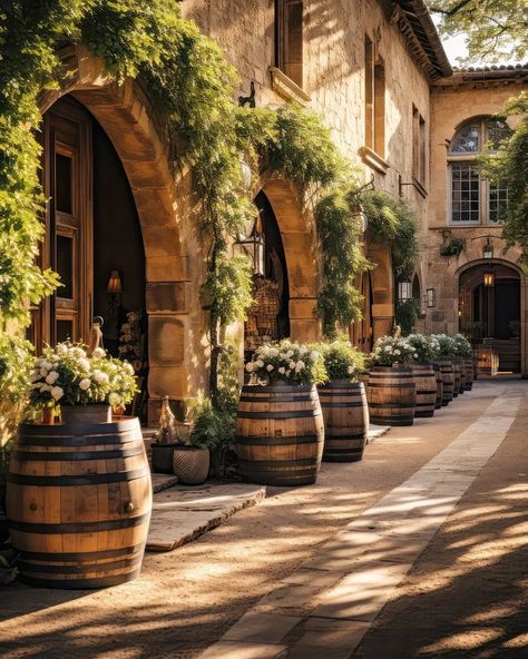 Daphne Vincent, French Winery, Wineries Architecture, Spanish Mediterranean Homes, Private Idaho, Italian Vineyard, Vineyard House, Dream House Aesthetic, Courtyard Landscaping