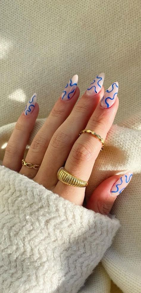 Boxy Nails, Acrilyc Nails Design Ideas Almond, Nail Inspo Trendy 2024, Blue Pattern Nails, Almost Nails, Squiggle Nails, Wave Nails, Spring Break Nails, Line Nail Art