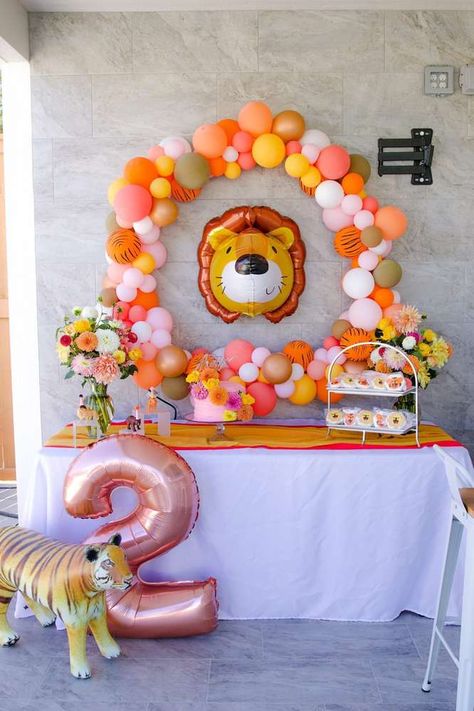 Pink And Orange Party Decor, Orange Party Decor, Pink And Orange Party, Girls Party Ideas, Second Birthday Photos, Party Balloon Garland, Lion Birthday Party, Cheetah Party, Cheetah Birthday