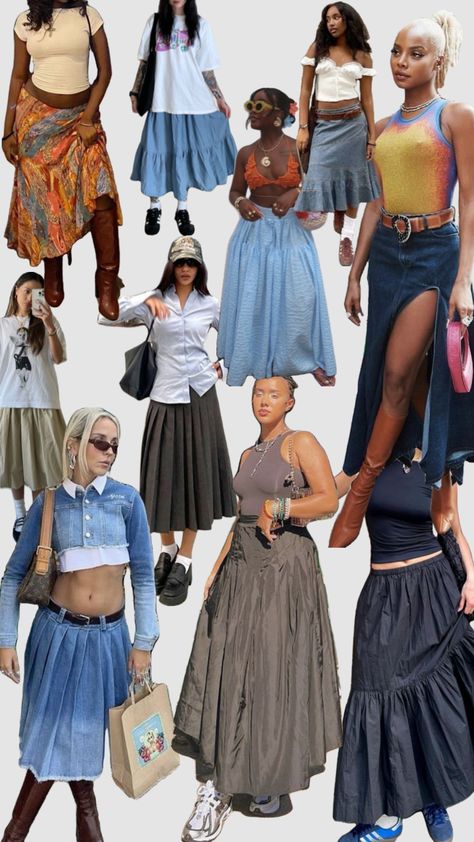 Midi/Maxi Skirt Summer Outfit Inspo Low Waist Maxi Skirt Outfit, Maxi Tiered Skirt Outfit, Shoes With Maxi Skirt, Long Patterned Skirt Outfit, 90s Maxi Skirt Outfit, Long Skirt Street Style, Maxi Skirt With Boots, Maxi Jean Skirt Outfits, Maxi Skirt Summer Outfit