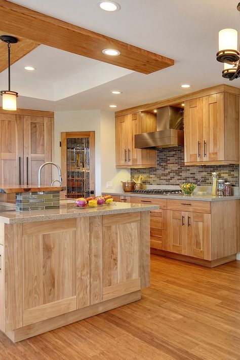 Light Wood Cabinets Multicolored Backsplash Mosaic Glass Tiles Hardwood Floor Quartz Countertops Kitchen Cabinets Light Wood, Light Wood Kitchen Cabinets, Natural Wood Kitchen Cabinets, Hickory Kitchen Cabinets, Colored Kitchen, Hickory Kitchen, Stained Kitchen Cabinets, Light Wood Kitchens, Natural Wood Kitchen