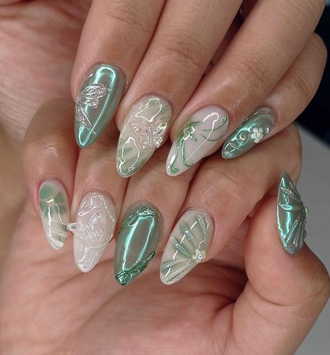 𓇗𓋼forest nymph 𐦍 Custom design for my client’s wedding nails 💚 ty for trusting me for your special day 🥰✨ #nailinspo #nails2inspire #chromenails #apresgelx #gelxnails #naildesign #fairycorenails #gardennails #naturenails #nailart #3dnails #trendynails #iridiscentnails #almondnails Blue And Silver Nails, Forest Nymph, Shop Press, Cute Nail Art Designs, Option B, Pretty Gel Nails, Cute Nail Art, Silver Nails, Luxury Nails