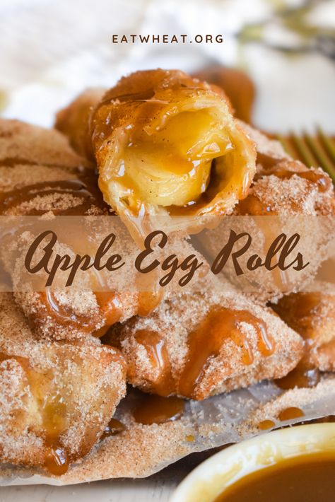 Crunchy Apple Egg Rolls are coated in cinnamon sugar and dunked in caramel sauce for the most delicious dessert!! Apple Egg Rolls, Dessert Egg Rolls Recipe, Apple Pie Filling Desserts, Pie Filling Desserts, Apple Pie Filling Recipes, Fried Apple Pies, No Egg Desserts, Homemade Apple Pie Filling, Canned Apple Pie Filling