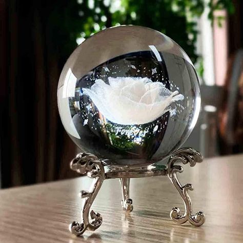 Amazon.com: HDCRYSTALGIFTS 60mm 3D Inner Carving Rose Flower Crystal Ball Paperweight with Sliver Stand Fengshui Home Decor : Office Products Realistic Rose, Living Room Ornaments, Crystal Paperweight, Water Globes, Flower Crystal, 3d Rose, Magical Jewelry, Crystal Figurines, Art Deco Stil