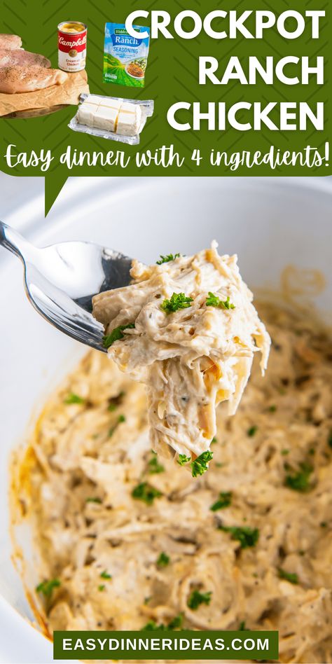 Crockpot Ranch Chicken is the perfect weeknight dinner! This is a classic dump and go recipe that your family is going to love. You only need 4 ingredients and a few minutes to prep. Creamy Shredded Chicken Crockpot, Crockpot Recipes Ranch Chicken, Crockpot Chicken Ideas Simple, Ranch Shredded Chicken Crockpot, Crockpot Chicken And Gravy With Ranch Packet, Easy Crockpot Ranch Chicken, Crockpot Chicken Cream Cheese Ranch, Chicken Ranch Cream Cheese Crock Pot, Frozen Chicken Dinner Recipes