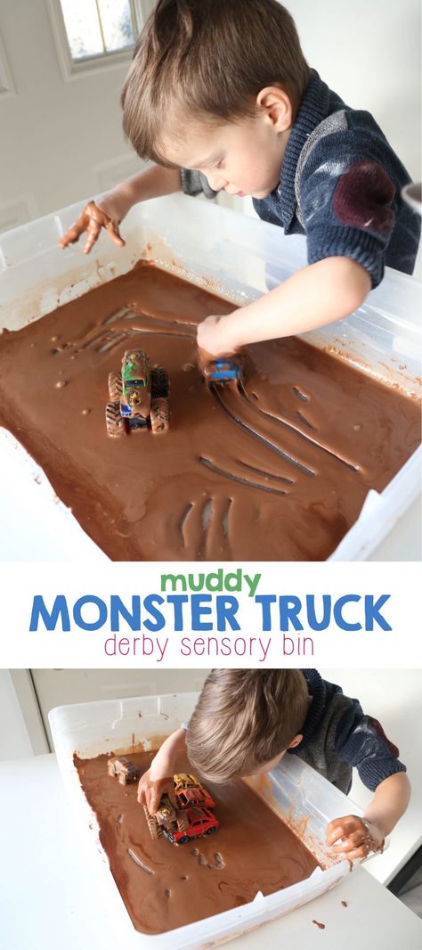 Muddy Monster Truck Derby Sensory Bin Muddy Cars Activity, Cars Sensory Play, Vehicle Sensory Bins, Truck Sensory Play, Car Wash Sensory Play, Monster Truck Learning Activities, Fathers Day Sensory Bin, Fake Dirt Sensory Bin, Monster Truck Ideas