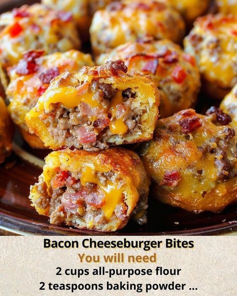 Bacon Cheeseburger Bites, Cheeseburger Bites, Bacon Cheeseburger, Food Food, 2 Cups, Purpose Flour, Cheeseburger, Cheddar Cheese, Baking Powder