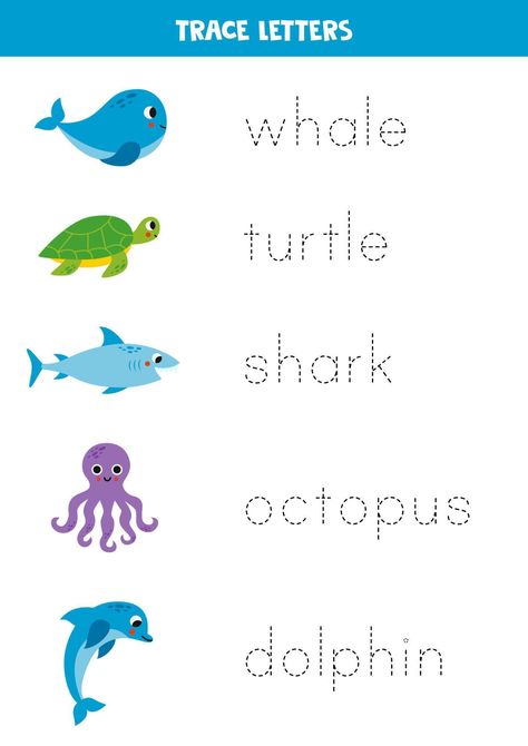 Sea Animals Preschool, Ocean Lesson Plans, Cute Sea Animals, Animal Writing, Preschool Tracing, Animal Worksheets, English Worksheets For Kids, Animal Letters, Tracing Letters