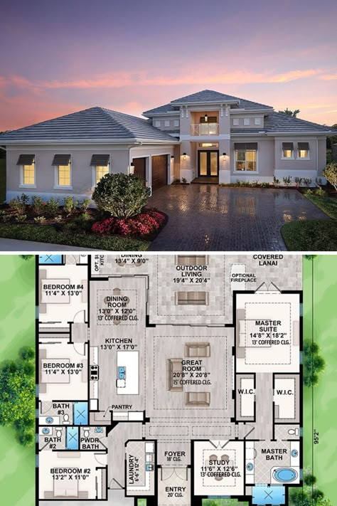 4 Bedrooms House Design, Full House Decor Ideas, New Home Ideas Exterior, Two Story House Open Floor Plan, Mansion House Plans Luxury, Florida Mansion Floor Plans, Florida House Ideas, Blueprint Of House, 7 Bedroom House Plans 2 Story Modern