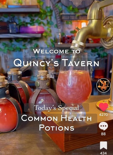 Pink drink pouring into small glass from faucet with glass travel flasks behind it D&d Cocktails, Dnd Themed Cocktails, Dungeons And Dragons Drinks, Dnd Drinks Non Alcoholic, Dnd Mocktails, Dnd Themed Drinks, Dnd Drinks Recipes, Dnd Themed Party, Dnd Drinks