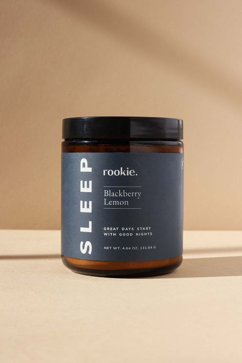 Dark blue label on amber colored jar that says Sleep, Blackberry Lemon by Rookie Wellness Luxury Supplement Packaging, Food Supplements Packaging, Glass Jar Packaging Design, Amber Jar Packaging, Amber Packaging, Matcha Packaging, Glass Jar Packaging, Nutrition Packaging, Supplement Packaging