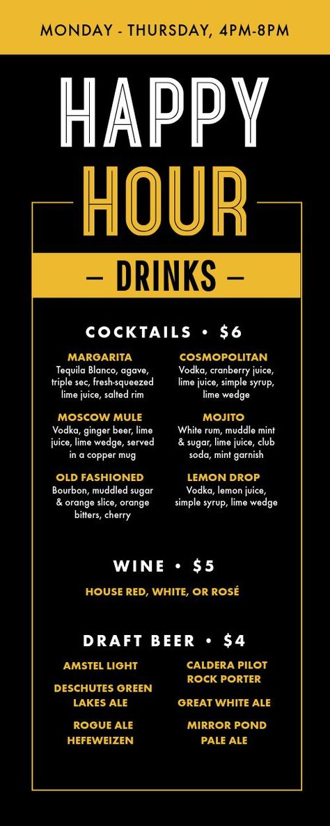 Striking Happy Hour Half Page Menu Orange Simple Syrup, American Cafe, Menu Maker, Happy Hour Menu, Drink List, Pizza Menu, Happy Hour Drinks, Design Edit, Father's Day Specials