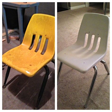 Vintage School Chair Makeover: Krylon Plastic paint Krylon Mirror paint 1968 Kitchen, School Chair Makeover, Plastic Chair Makeover, Painting Plastic Chairs, Ikea Couches, Abandoned Schools, Chic Office Chair, Church Chairs, Child Chair