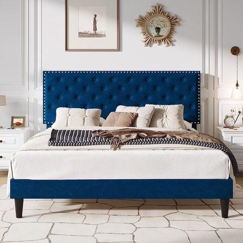 SHA CERLIN King Size Velvet Bed Frame, Upholstered Platform Bed with Adjustable Diamond Button Tufted Headboard, Rivet Ornament, Wood Slat Support, No Box Spring Needed, Easy Assembly, Blue Velvet Bed Frame, Cama Queen Size, Velvet Upholstered Bed, Button Tufted Headboard, Queen Size Bed Frames, Cama Queen, Velvet Bed, Upholstered Bed Frame, Tufted Headboard