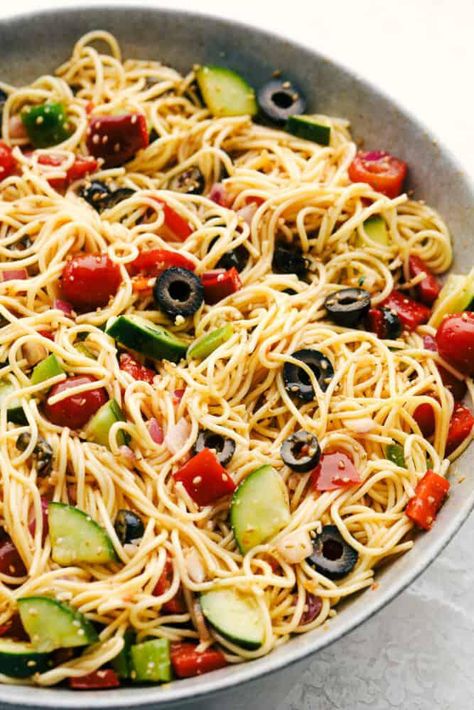 Spagetti Salad Recipes, California Spaghetti Salad Recipe, California Pasta, California Spaghetti Salad, California Spaghetti, Cold Spaghetti Salad, California Salad, Spaghetti Pasta Salad, Delicious Spaghetti