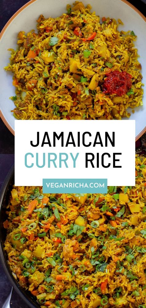 Jamaican curry rice is a super quick, one pan meal which is absolutely delicious. Crisped up soy curls and lots of veggies simmer in a creamy, coconut Jamaican curry sauce that’s just packed with flavor! Jamaican Curry Rice, Haitian Mushroom Rice, Jamaican Coconut Curry Fish, Jamaican Curry Recipes, Veggie Based Dinner Ideas, Jamaican Rice And Peas Crockpot, Jamaican Curry Powder Recipe, Jamaican Ital Food, Curry Recipes Jamaican