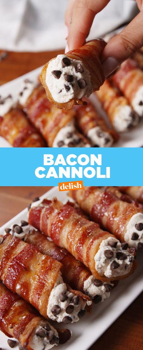 Bacon Cannoli. Can You Hang?Delish Bacon Cannoli, Bacon Desserts, Pepperoni Dip, Chips Dip, Cannoli Recipe, Cheesecake Dip, Bacon Appetizers, Easy Meal Ideas, Poke Cake