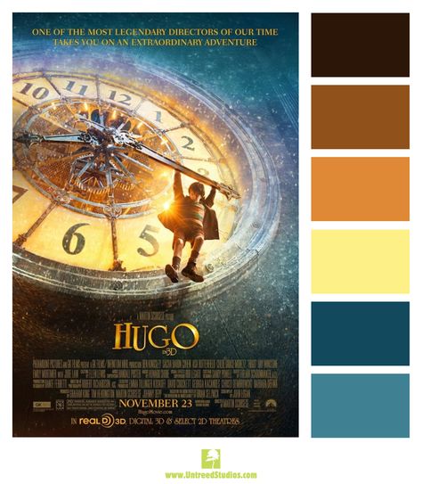 Color palette based on the movie poster for "Hugo" Hugo Movie, Drama Films, Hugo Cabret, Robbie Coltrane, Ben Kingsley, Sacha Baron Cohen, Bon Film, Boogie Nights, Ricky Gervais