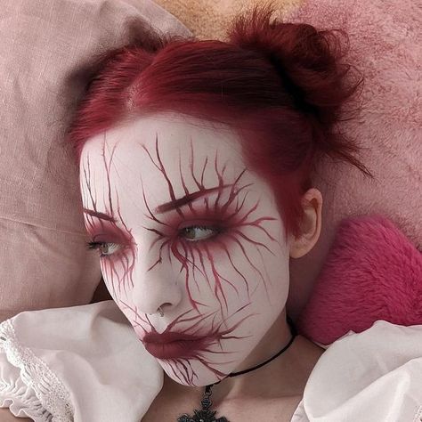 @bergfine on Instagram Goth corpse paint goth girl alt alternative 90s white face paint red corpse paint red hair Red Edgy Makeup, Monster Makeup Pretty, Red Goth Hair, Red Makeup Halloween, Face Paint Makeup Ideas, Red Alt Makeup, Goth Face Paint, Red Face Makeup, White Goth Makeup