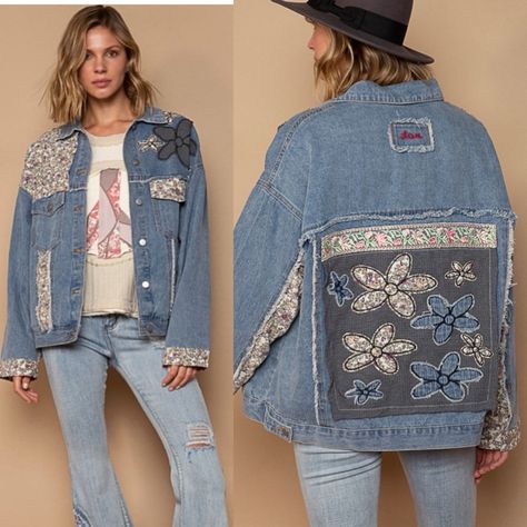 Designed In Button Down, Collared, Lace And Floral Patch Detail Long Sleeves Denim Jacket 100% Cotton Pol Denim Coat Denim Applique, 60s Hippie, Patch Jacket, Long Sleeve Denim Jacket, Floral Patches, Fabric Applique, Denim Patches, Refashion Clothes, Mixing Fabrics