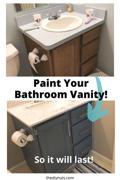 Bathroom Vanity Oak, Paint Bathroom Vanity, Bathroom Cabinet Makeover, Cabinets Gray, Painted Vanity Bathroom, Paint Bathroom, Budget Farmhouse, Painting Bathroom Cabinets, Vanity Makeover