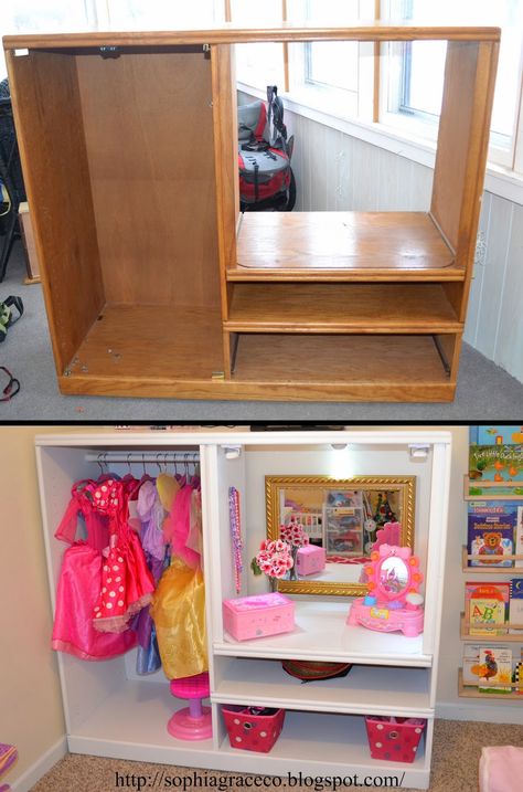 Sophia Grace  Co. - Dress up station for Sophia's playroom. Cute way to store dress up clothes. Easy dress up storage Project to DIY. Dress Up Stations, Dress Up Storage, Diy Casa, Toy Rooms, Big Girl Rooms, Crown Molding, Toddler Room, Sandbox, Repurposed Furniture