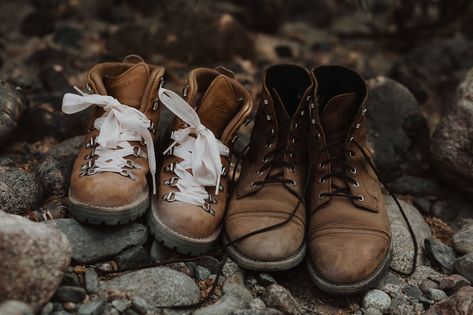 The Complete Hiking Wedding & Elopement Guide: How to Plan an Epic Hiking Wedding Day Elopement Shoes Brides, Hiking Boots And Wedding Dress, Hiking Wedding Shoes, Wedding Hiking Boots For Bride, Hike Wedding Ceremony, Mountain Wedding Shoes, Wedding Hiking Boots, Hiking Wedding Dress, Hiking Wedding Theme