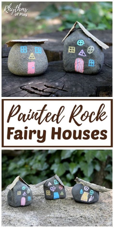 DIY Painted rock crafts like this fairy house craft are perfect for fairy gardens. Painted rock fairy houses for the garden are an easy nature craft for both kids and adults. #RhythmsOfPlay #PaintedRocks #RockCraft #FairyHouse #FairyGardenDIY #KidsCraft House Painted Rocks, Fairy Houses Kids, Kids Fairy Garden, Rock Diy, Fairy House Crafts, House Craft, Garden Houses, Fairy Garden Crafts, Painting Creative