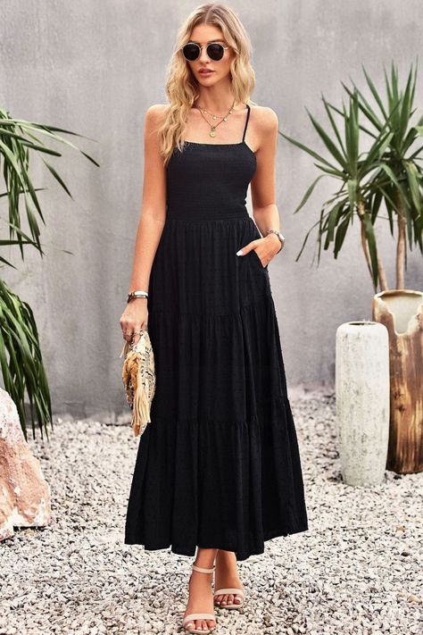 Cami Maxi Dress, Elegant Maxi Dress, Solid Color Dress, Summer Chic, Color Dress, Vacation Dresses, Smock Dress, Strap Dress, Tiered Dress