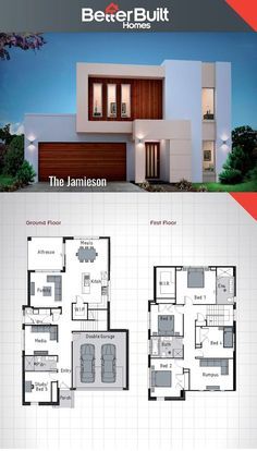 The Jamieson: Double Storey House Design.   250 Sq.m – 10.9m x 16.6m Escape the everyday with the Jamieson’s unique facade, yet practical floor plan. Build a lifetime of memories in the Jamieson with it’s stylish kitchen, 3 living area’s and an oversized master bedroom. #BetterBuilt #flooplans Underground House Plans, Double Storey House Plans, Two Story House Design, Pelan Rumah, Double Storey House, 2 Storey House Design, 2 Storey House, Two Story House Plans, Two Story House