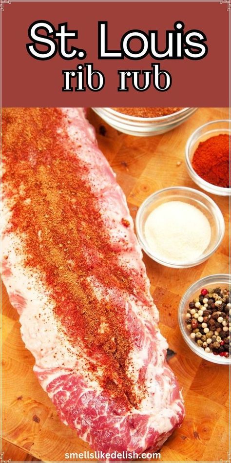 St. Louis Rib Rub is a classic dry rub specifically designed to  enhance the smoky, savory flavors of St. Louis-style ribs. This brown  sugar-based rub is packed with a blend of smoked paprika, garlic powder,  onion powder, and warm spices, creating a crust that caramelizes  beautifully during grilling or smoking.  While it's perfect for St.  Louis-style ribs, this versatile rub can also be used on other cuts of  pork, chicken, or even vegetables for added depth of flavor. Grilling St Louis Style Ribs, Dry Run For Pork Ribs, Rib Rubs For Grilling, St Louis Bbq Sauce Recipes, St Louis Ribs Smoker Recipe, Rib Rubs For Smoker, Rubs For Pork Ribs, St Louis Ribs On Grill, Rib Rub Recipe Brown Sugar