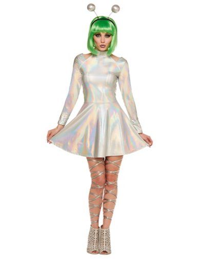 Your outer space attire is super important when trying to fit in with all the other aliens! In this Alien Dress Costume you’ll have everyone jealous of your adorable look. Skirt length: 16” Material: Polyester, spandex Care: Hand wash Imported Note: Wig, headband, and shoes sold separately Metallic Alien Costume Silver, Women Space Costume, Shiny Halloween Costume, Galactic Halloween Costume, Retro Alien Costume Women, Disco Alien Costume, Alien Men Costume, Space Theme Family Costume, Simple Alien Costume