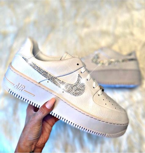 Nike Wedding, Women Air Force 1, Wedding Sneakers For Bride, Bling Nike Shoes, Swarovski Nike, Bridal Sneakers, Shoes Bride, Nike Air Force 1s, Wedding Sneakers